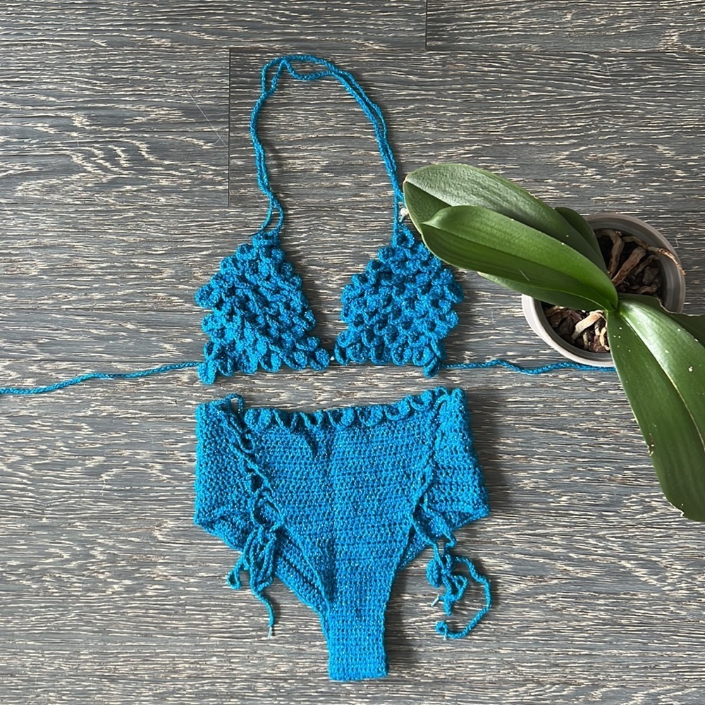 Handmade Crochet Blue Bikini Boho Swimwear - Size S